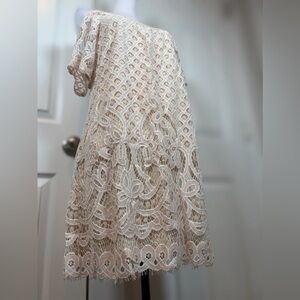 Venus Cream Lace Overlay Dress Medium Cold Shoulder Lined Cocktail